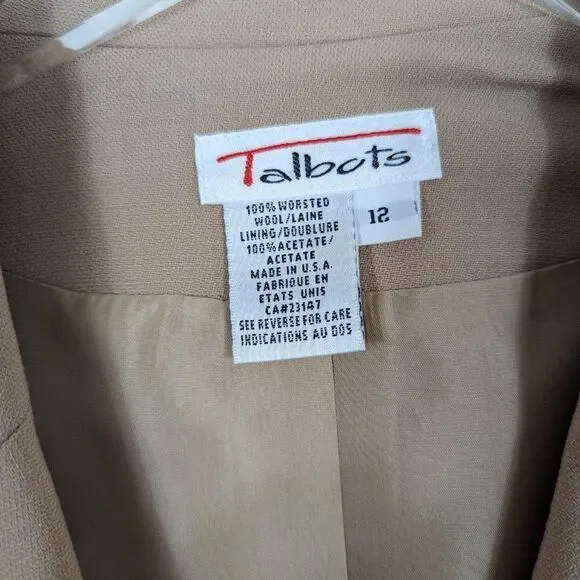 Talbots Tan Worsted Wool Vintage 3 Button Suit Jacket Women's 12